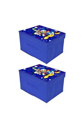 Set Of 2 Blue Disney Team Mickey Printed Foldable Saree Cover Storage Boxes With Lids