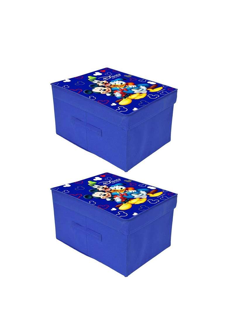 Set Of 2 Blue Disney Team Mickey Printed Foldable Saree Cover Storage Boxes With Lids - Indya