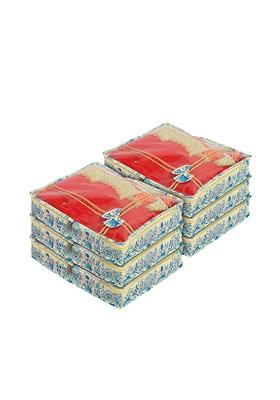 Set Of 6 Blue Printed Non Woven Single Saree Cover With Tranasparent Top