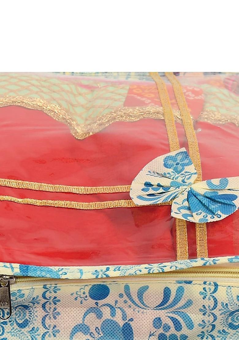 Set Of 6 Blue Printed Non Woven Single Saree Cover With Tranasparent Top