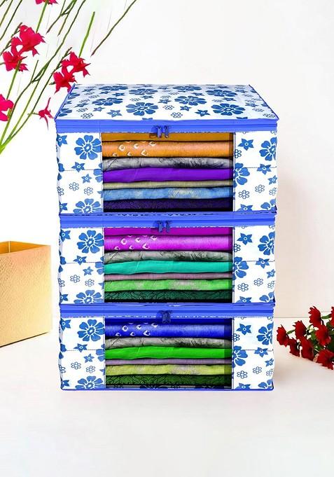 Blue And White 3 Pieces Floral Printed Saree Cover With Zip