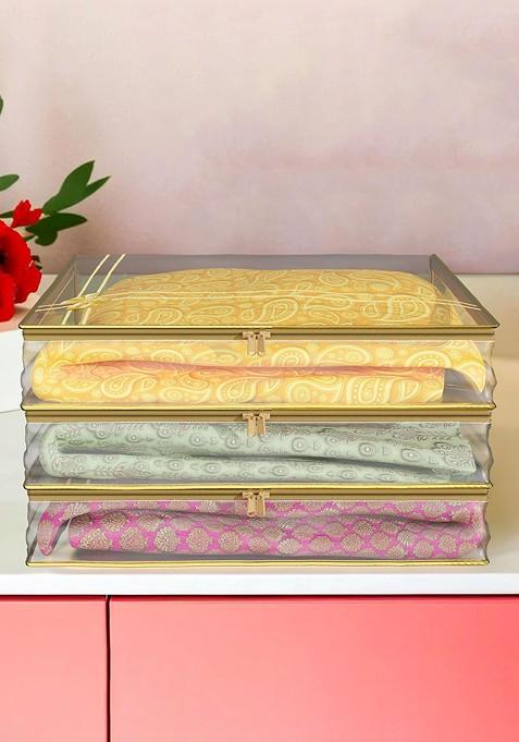 Gold Toned And Transparent 3 Pieces Bow Printed Saree Cover With Zip