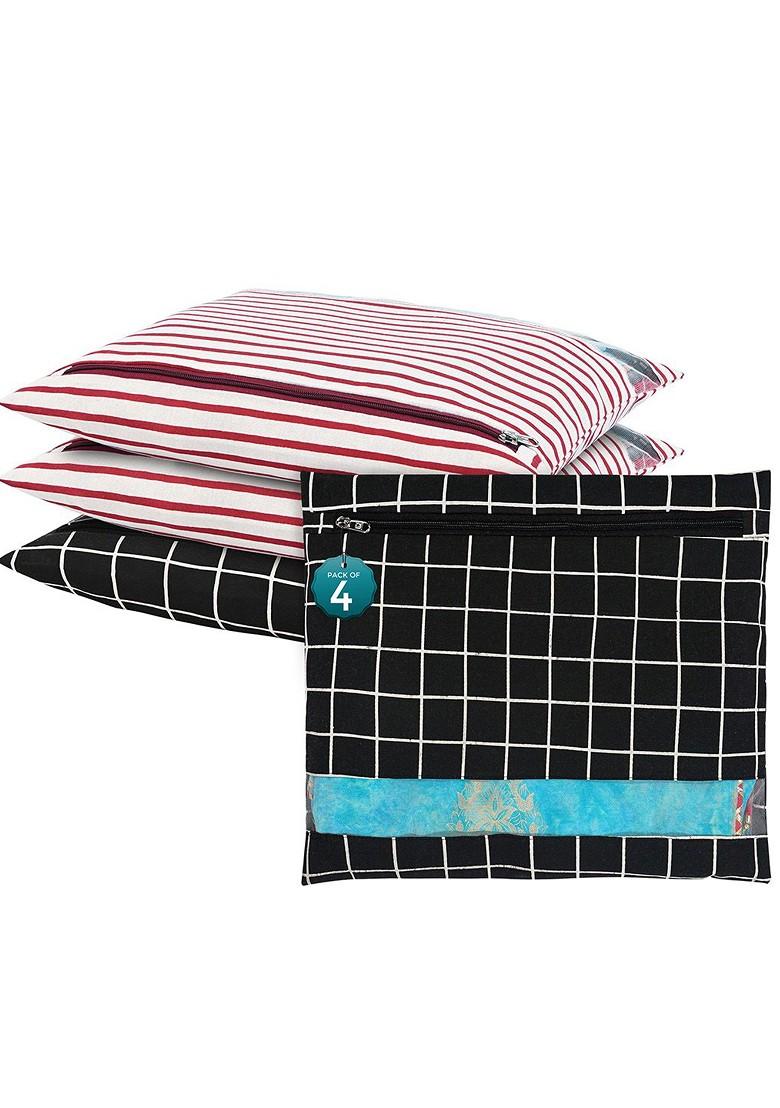 Black 4 Pcs Regular Single Saree Cover Multi Utility Cotton Organisers