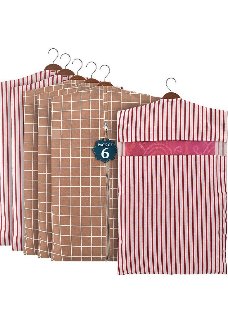 Brown 6 Pcs Mesh Cotton Hanging Saree Cover Storage Organisers