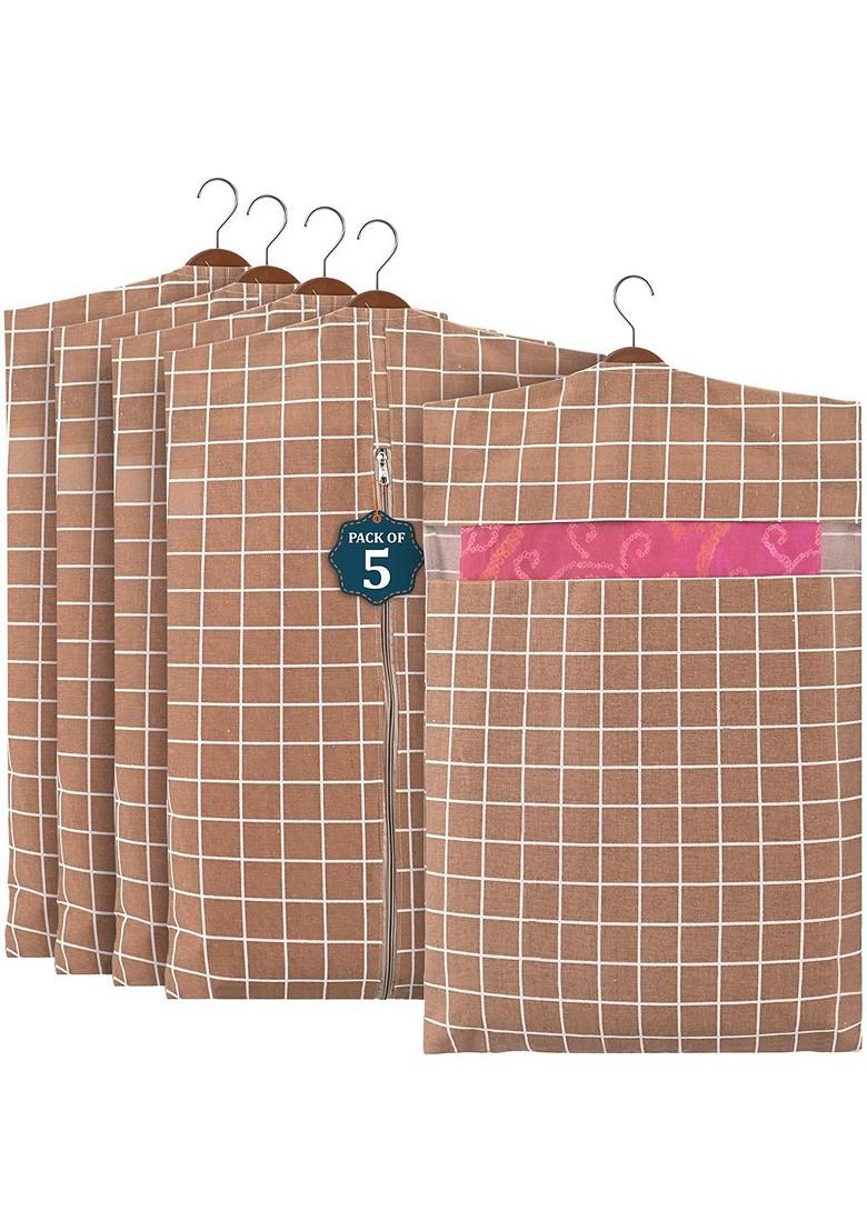 Brown 5 Pcs Mesh Cotton Hanging Saree Cover Storage Organisers