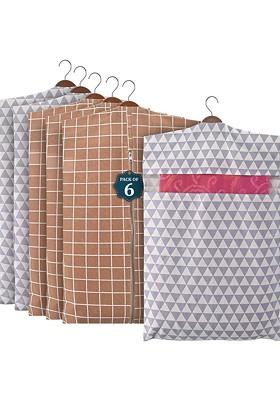 Brown 6 Pcs Mesh Cotton Hanging Saree Cover Storage Organisers