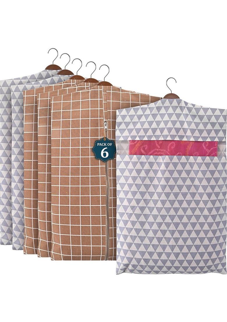 Brown 6 Pcs Mesh Cotton Hanging Saree Cover Storage Organisers