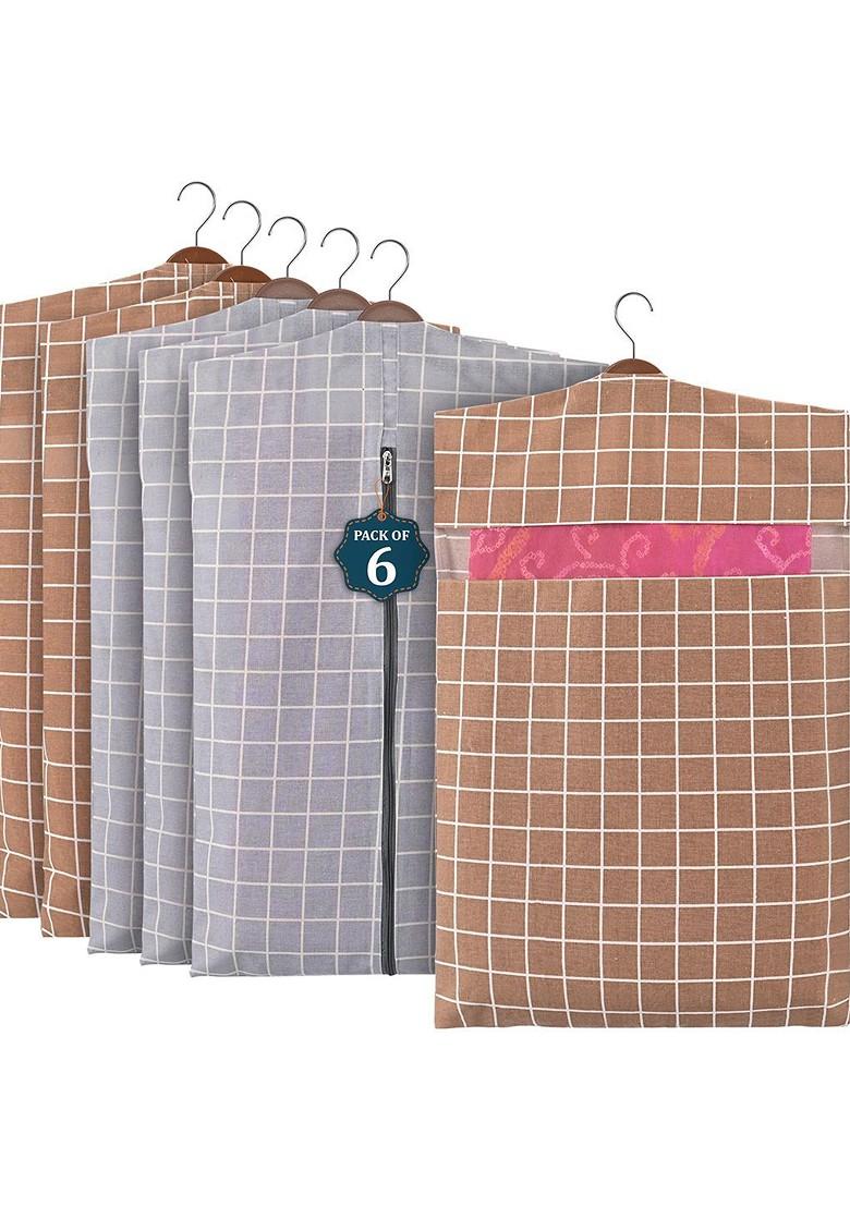 Grey 6 Pcs Mesh Cotton Hanging Saree Cover Storage Organisers