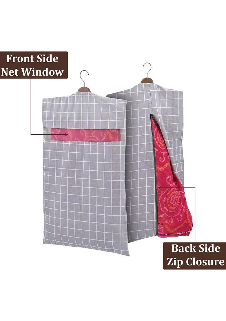 Grey And Green 12 Pieces Mesh Cotton Hanging Saree Cover Storage Organisers