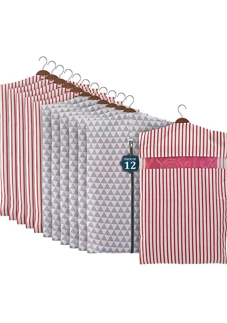 Grey And Maroon 12 Pcs Mesh Cotton Hanging Saree Cover Storage Organisers