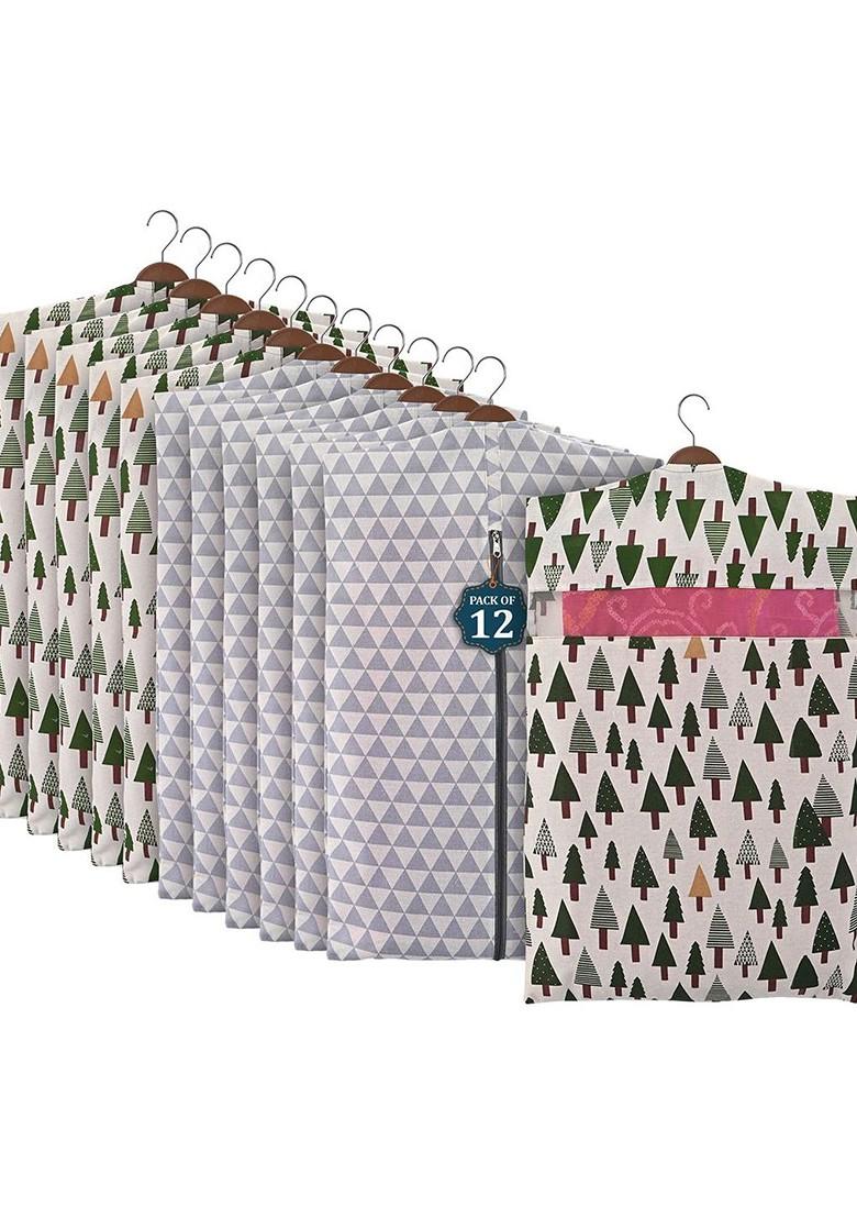 Grey And Green 12 Pieces Mesh Cotton Hanging Saree Cover Storage Organisers