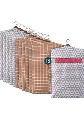 Brown Set Of 12 Checked Hanging Saree Cover Multi Utility Organisers