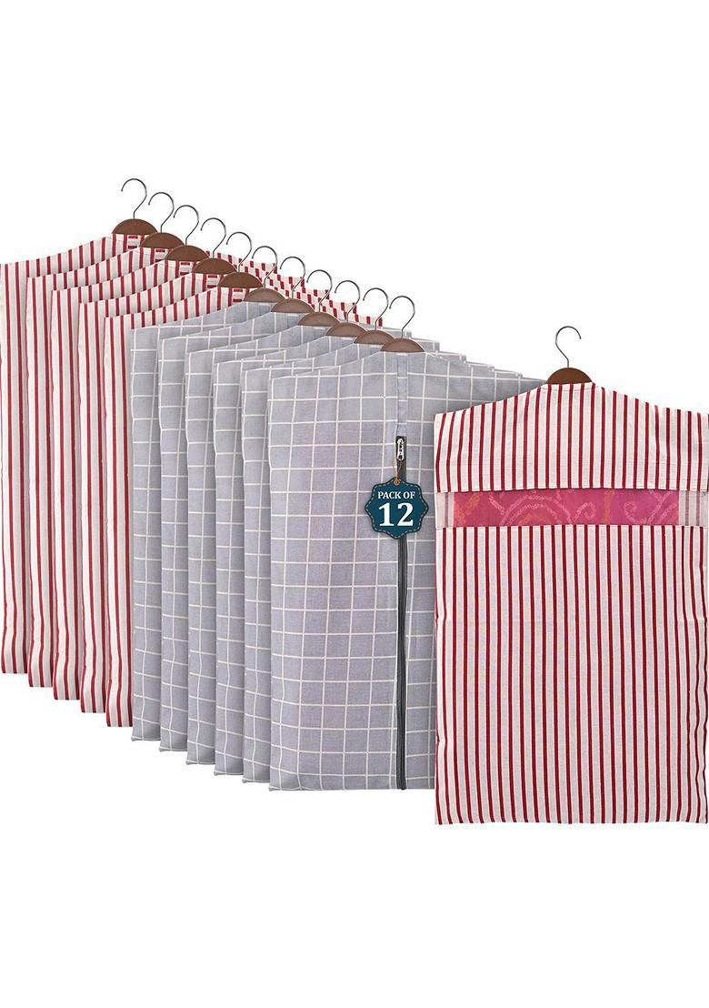 Grey And Maroon 12 Pcs Mesh Cotton Hanging Saree Cover Storage Organisers