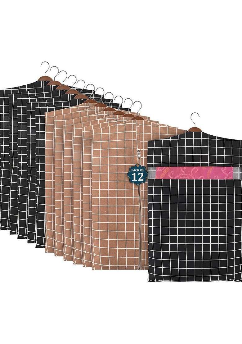 Brown Set Of 12 Cotton Hanging Saree Cover Multi Utility Organisers - Indya