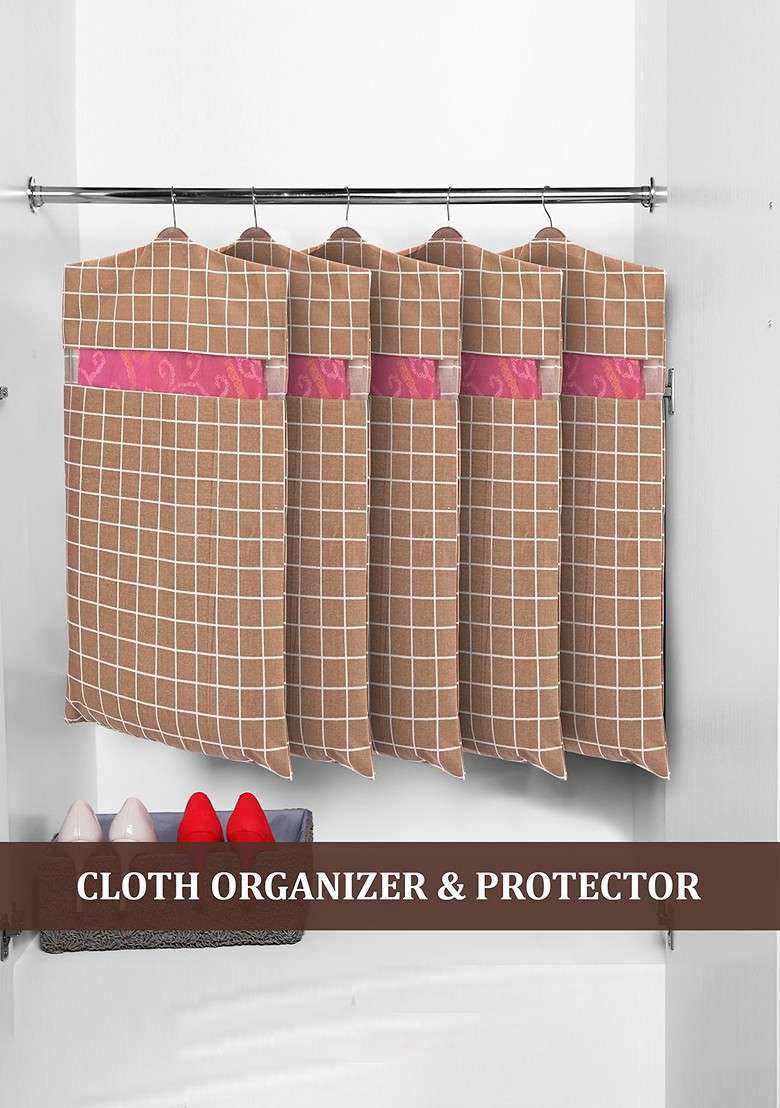 Brown Set Of 12 Cotton Hanging Saree Cover Multi Utility Organisers - Indya
