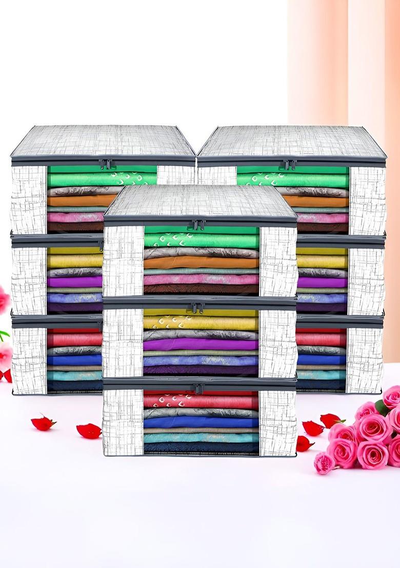 Grey Set Of 9 Foldable Storage Non Woven Saree Cover Organisers