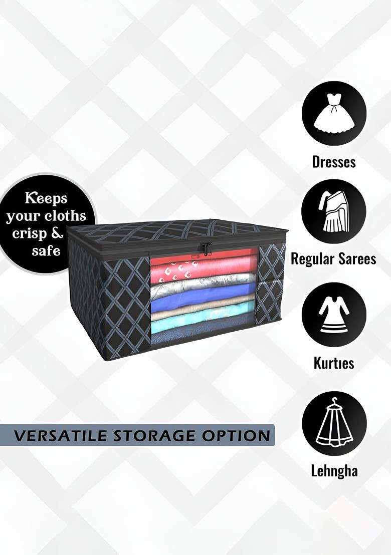 Black Set Of 9 Foldable Storage Non Woven Saree Cover Organisers - Indya