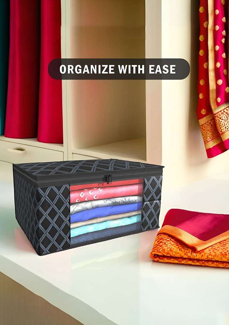 Black Set Of 9 Foldable Storage Non Woven Saree Cover Organisers - Indya