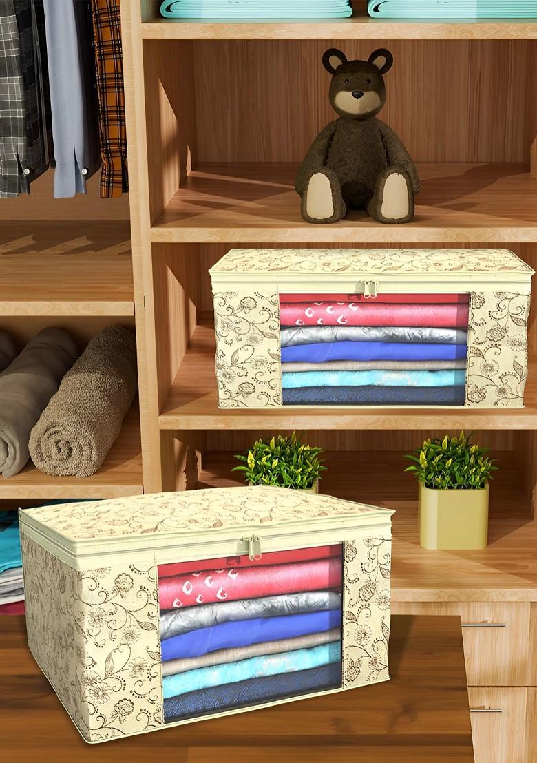 Cream Set Of 9 Foldable Storage Non Woven Saree Cover Organisers