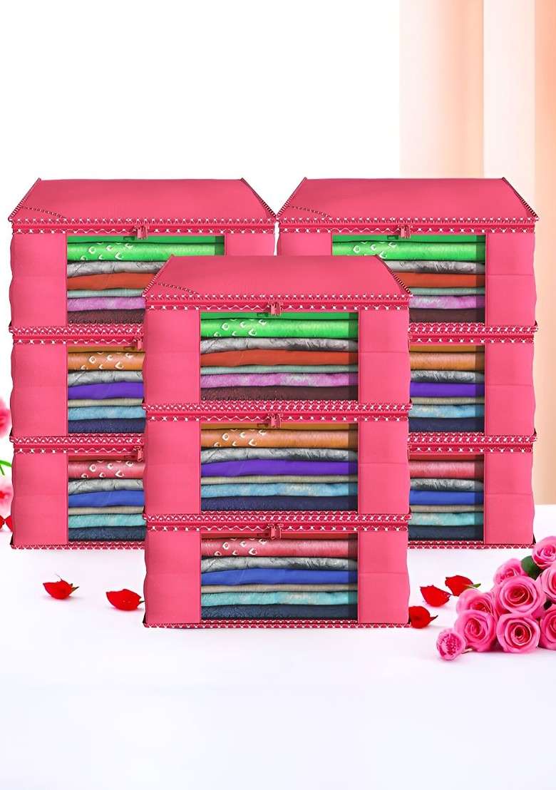 Pink Set Of 9 Foldable Storage Non Woven Saree Cover Organisers - Indya