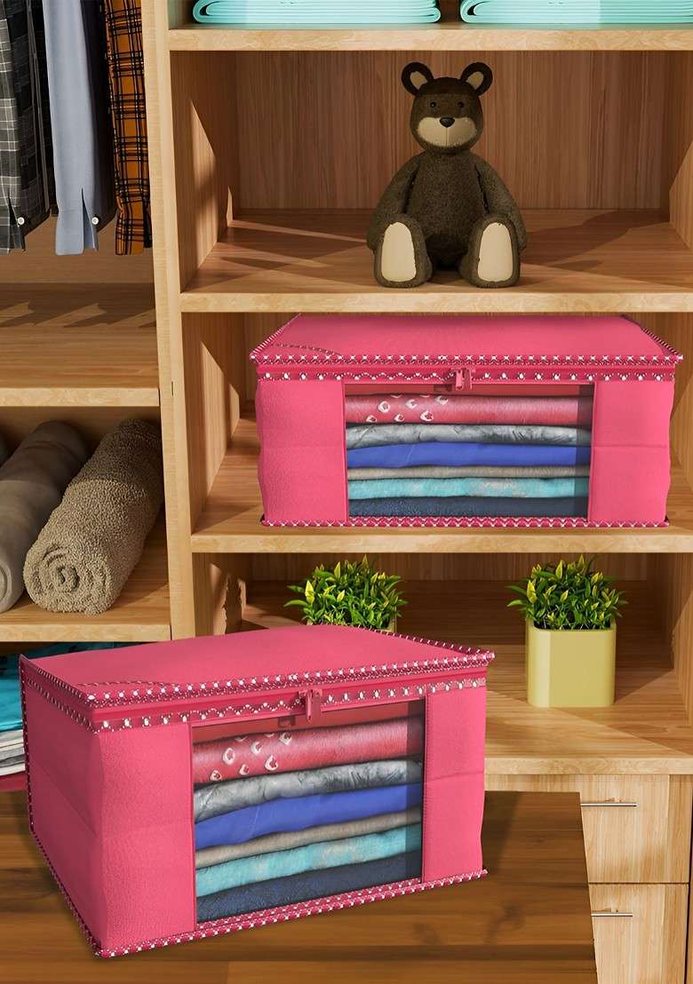 Pink Set Of 9 Foldable Storage Non Woven Saree Cover Organisers - Indya