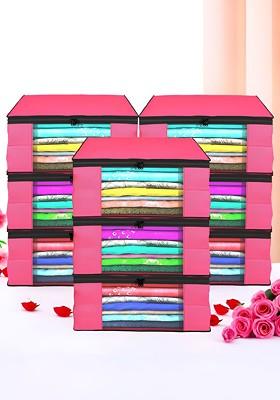 Pink Set Of 9 Foldable Storage Non Woven Saree Cover Organisers