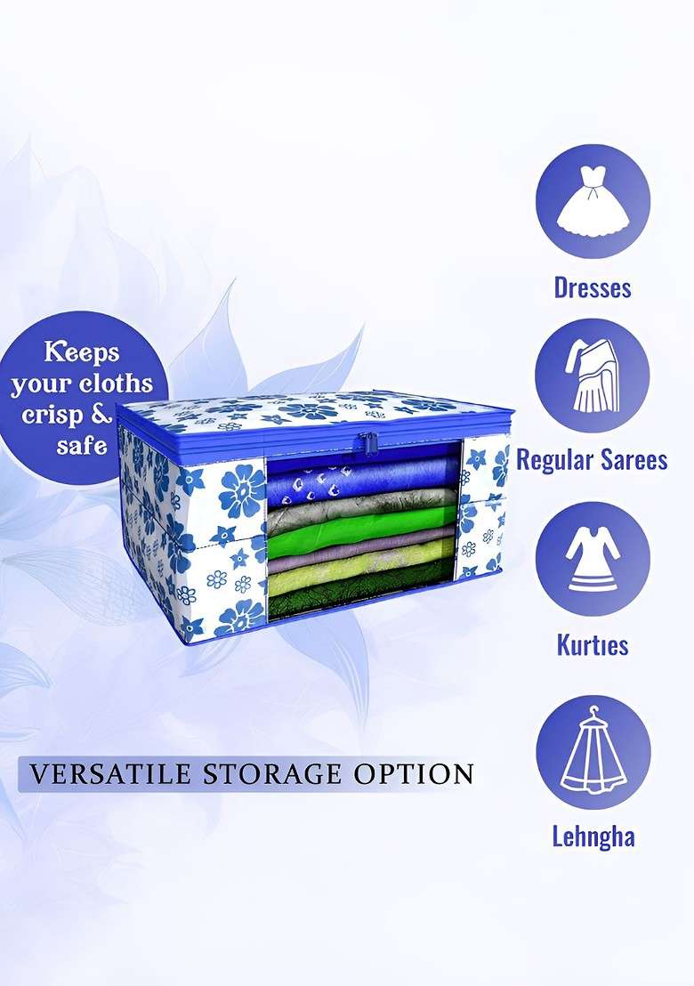 Blue Set Of 9 Foldable Storage Non Woven Saree Cover Organisers - Indya