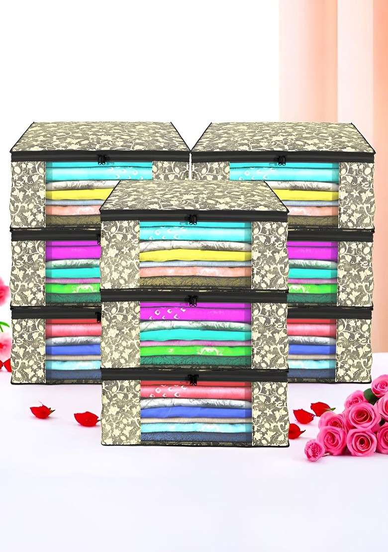 Black Set Of 9 Foldable Storage Non Woven Saree Cover Organisers - Indya