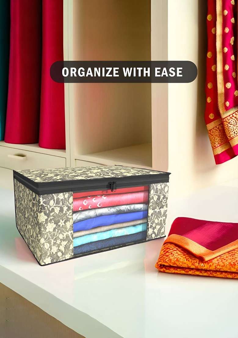Black Set Of 9 Foldable Storage Non Woven Saree Cover Organisers - Indya