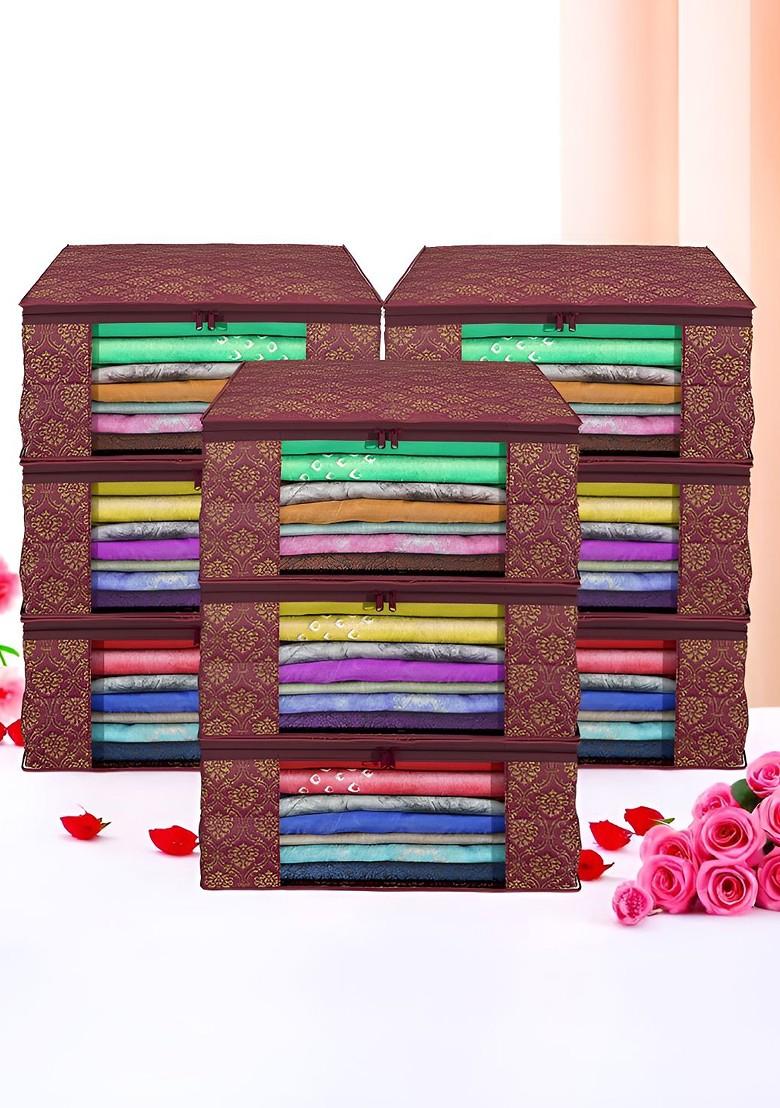 Maroon Set Of 9 Foldable Storage Non Woven Saree Cover Organisers
