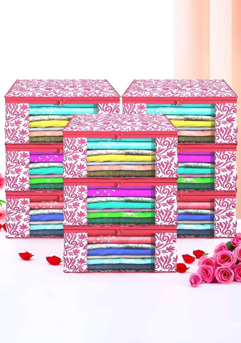 Pink Set Of 9 Foldable Storage Non Woven Saree Cover Organisers - Indya