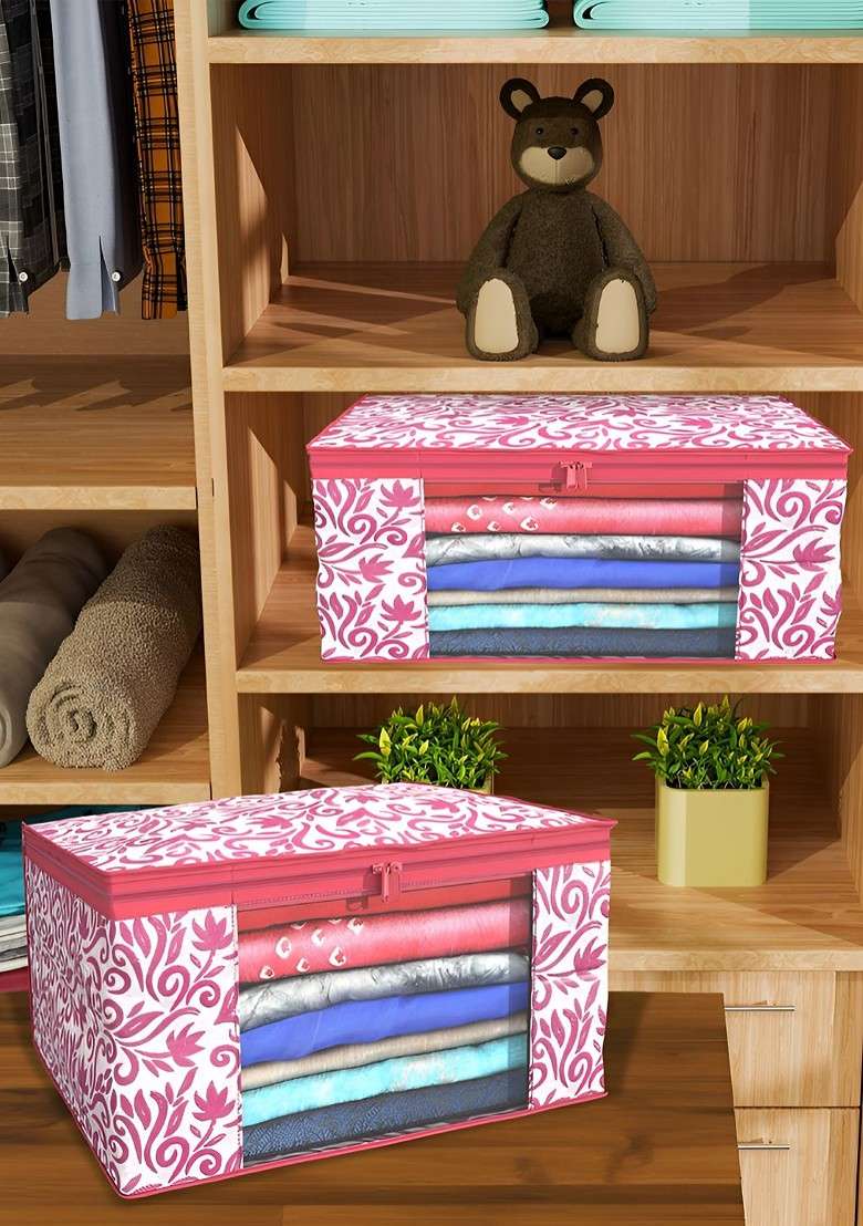 Pink Set Of 9 Foldable Storage Non Woven Saree Cover Organisers - Indya