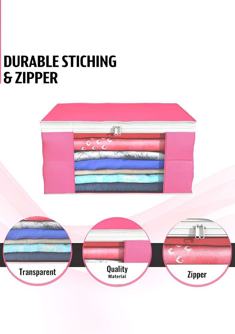 Pink Set Of 9 Foldable Storage Non Woven Saree Cover Organisers - Indya