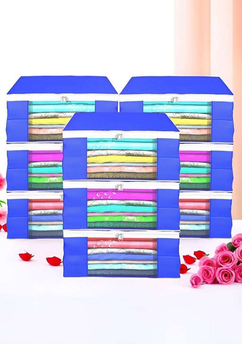 Blue Set Of 9 Foldable Storage Non Woven Saree Cover Organisers
