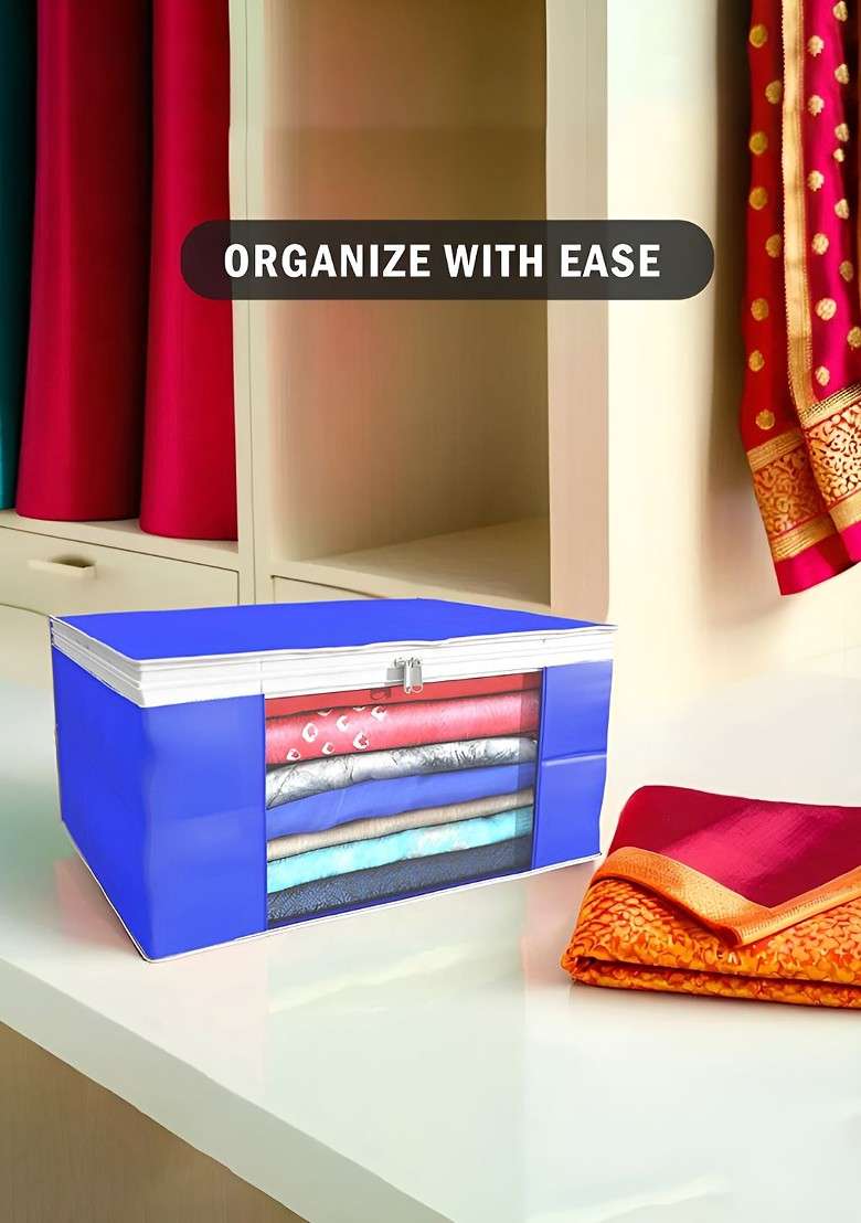 Blue Set Of 9 Foldable Storage Non Woven Saree Cover Organisers - Indya