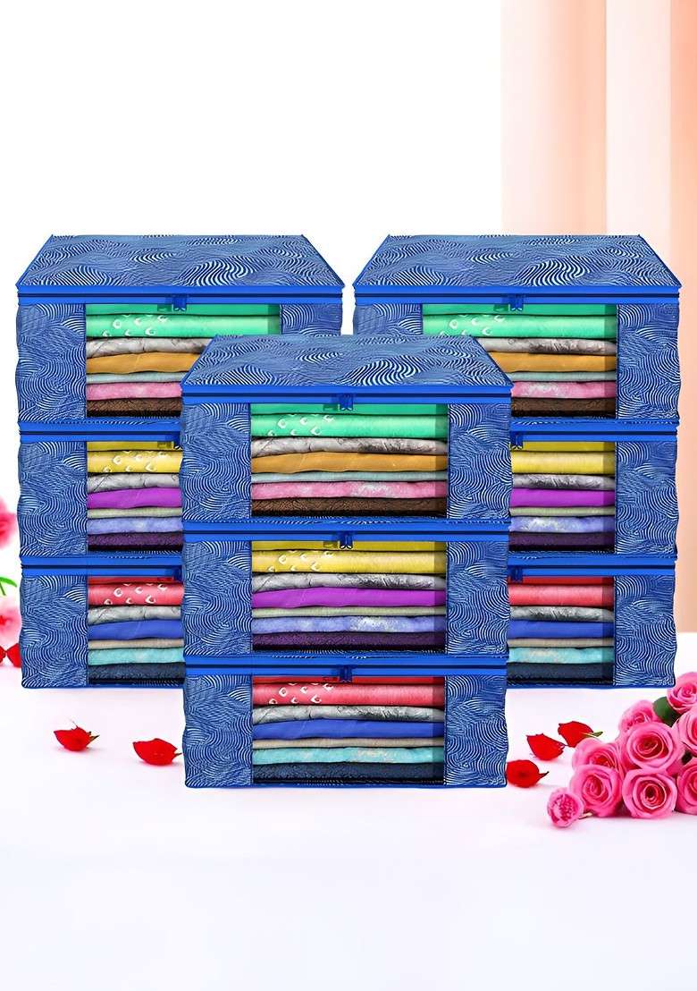 Blue Set Of 9 Foldable Storage Non Woven Saree Cover Organisers - Indya