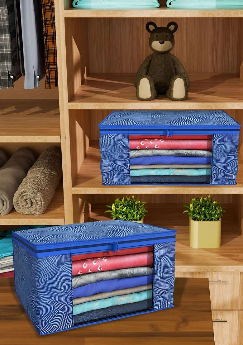 Blue Set Of 9 Foldable Storage Non Woven Saree Cover Organisers - Indya