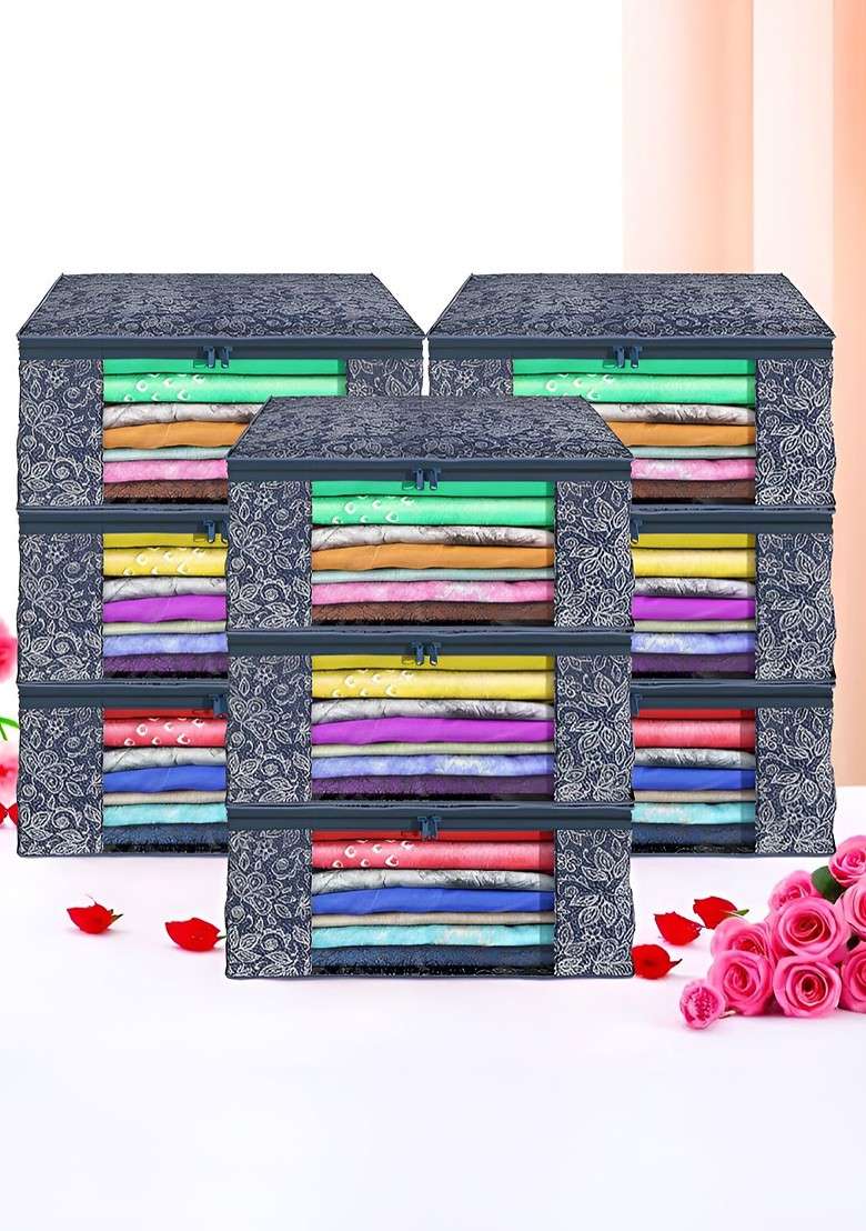Blue Set Of 9 Foldable Storage Non Woven Saree Cover Organisers - Indya