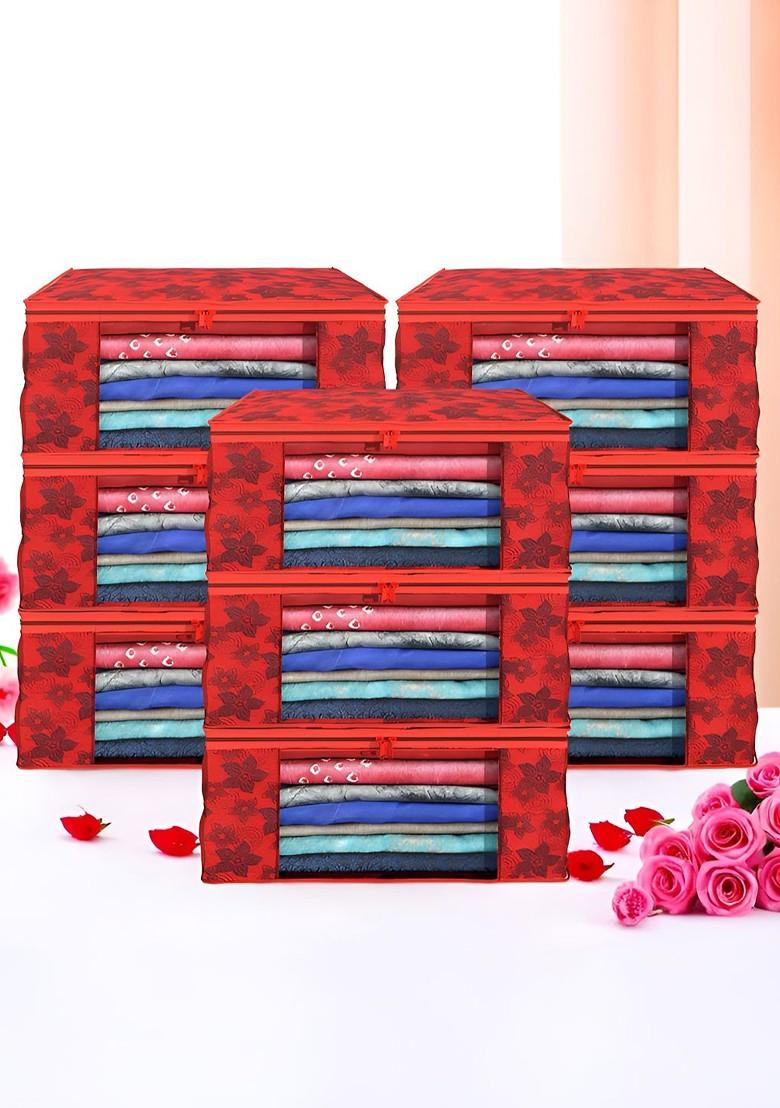 Red Set Of 9 Foldable Storage Non Woven Saree Cover Organisers