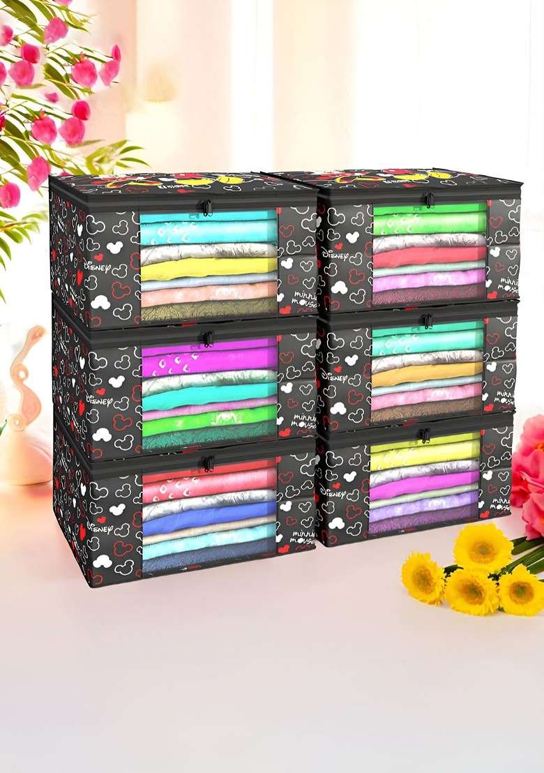 Black Set Of 6 Disney Mickey Foldable Storage Saree Cover Organisers - Indya