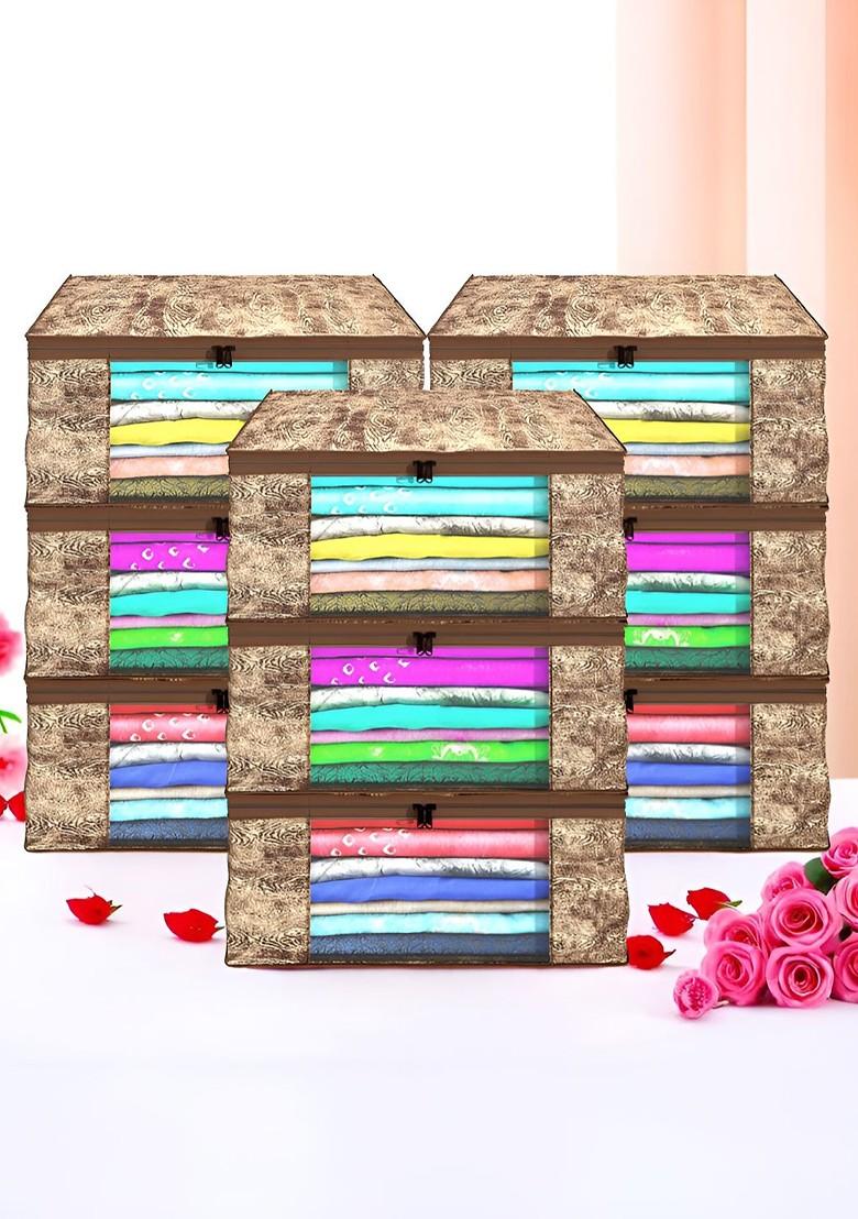 Brown Set Of 9 Foldable Storage Non Woven Saree Cover Organisers