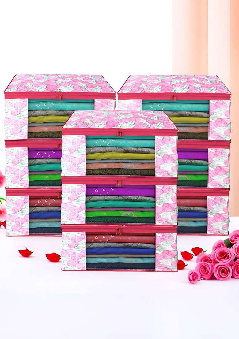 Pink Set Of 9 Foldable Storage Non Woven Saree Cover Organisers - Indya