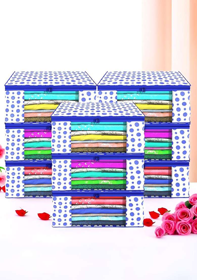 Blue Set Of 9 Foldable Storage Non Woven Saree Cover Organisers - Indya