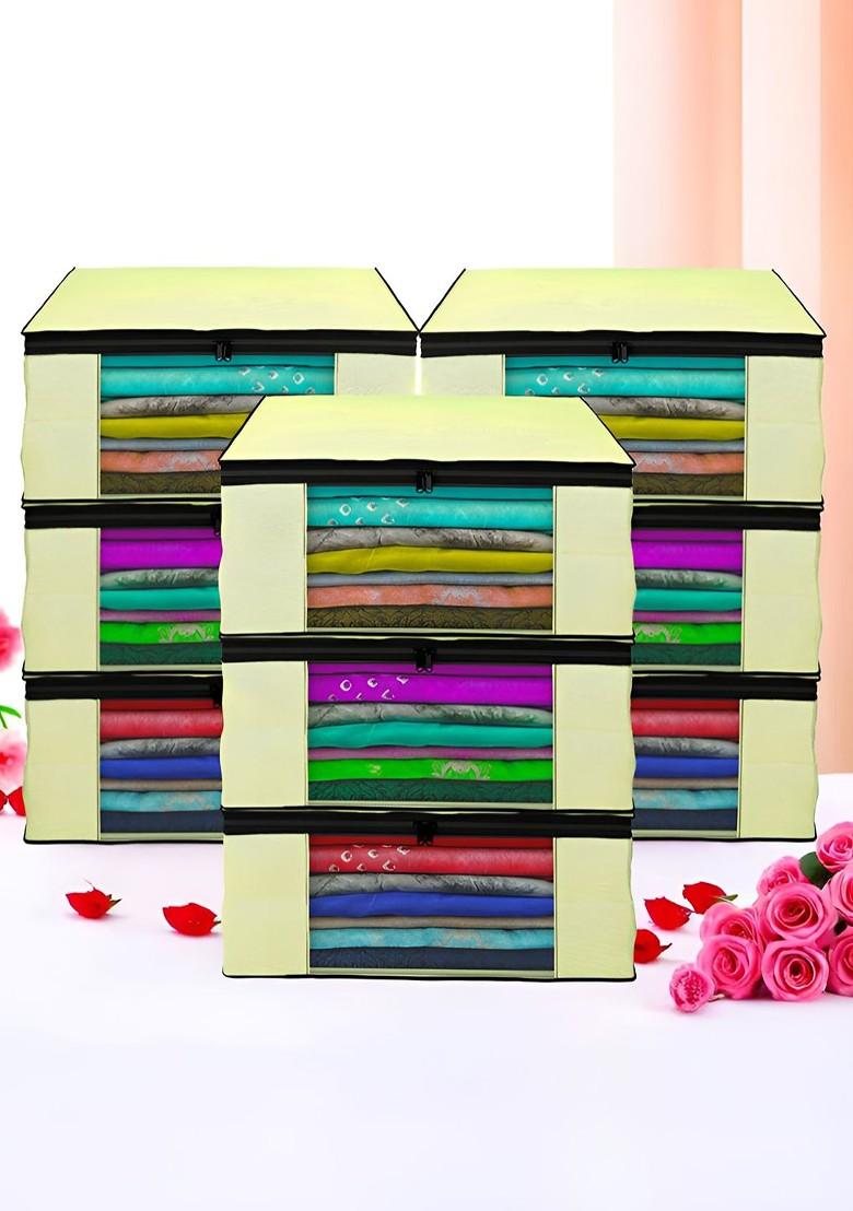 Cream 9 Pcs Foldable Storage Non Woven Saree Cover Organisers