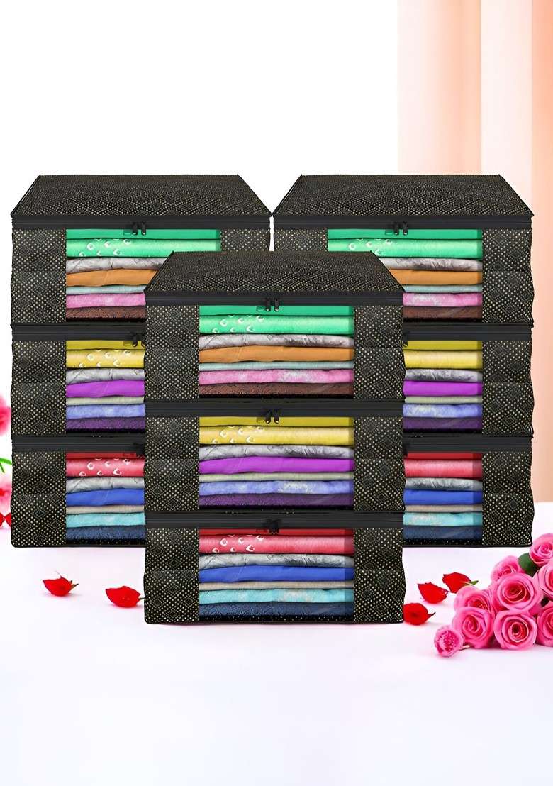 Black Set Of 9 Foldable Storage Non Woven Saree Cover Organisers - Indya