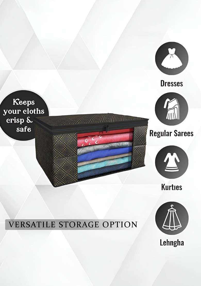 Black Set Of 9 Foldable Storage Non Woven Saree Cover Organisers - Indya