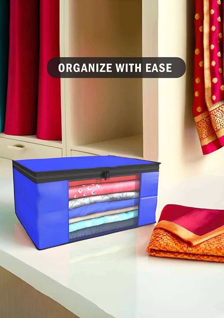 Blue Set Of 9 Foldable Storage Non Woven Saree Cover Organisers - Indya