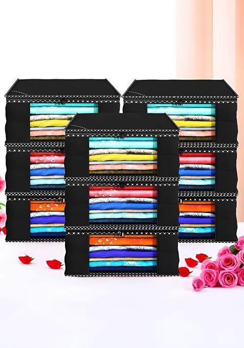Black Set Of 9 Foldable Storage Non Woven Saree Cover Organisers