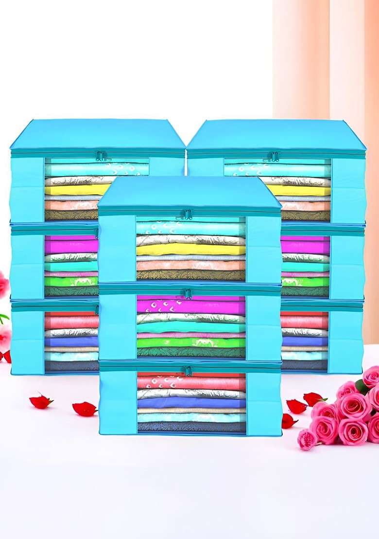 Blue Set Of 9 Foldable Storage Non Woven Saree Cover Organisers - Indya