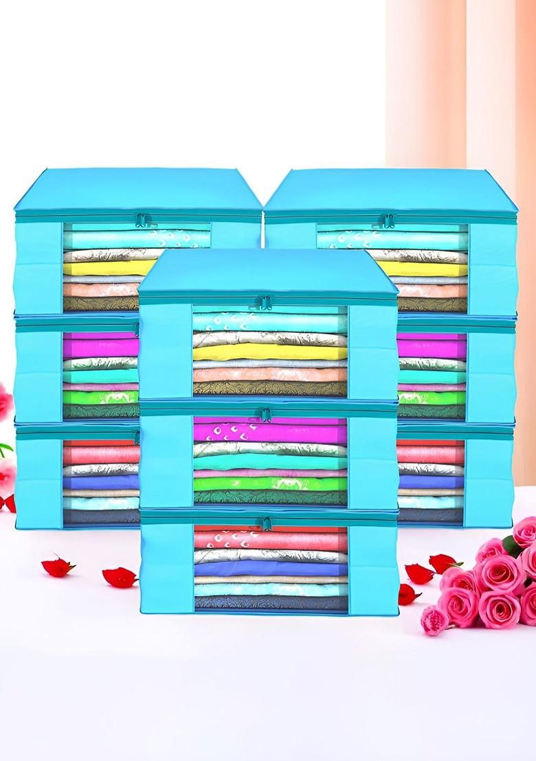 Blue Set Of 9 Foldable Storage Non Woven Saree Cover Organisers